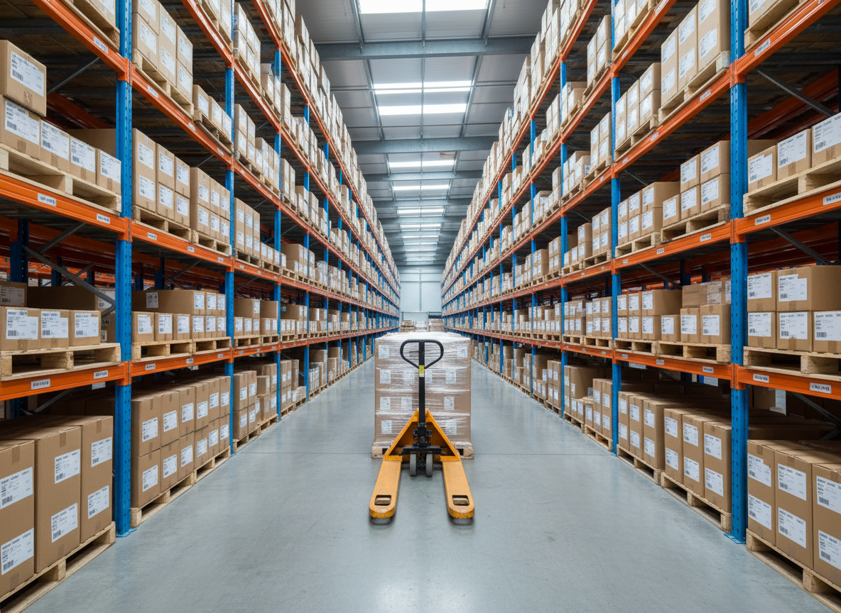 A meticulously organized warehouse aisle filled with tall blue and orange metal racks, each shelf stacked with uniformly labeled brown cartons and shrink-wrapped pallets. In the foreground, a bright yellow pallet jack rests perfectly aligned on a clean, polished concrete floor with subtle reflections. Cool daylight pours in from high translucent panels in the ceiling, creating soft, even illumination and gentle shadows under the racks. Shot at eye level with a wide-angle lens, the composition uses strong leading lines drawing the eye down the central aisle into the distance. The mood is professional, efficient, and orderly, captured in crisp photographic realism with a clean, modern aesthetic ideal for a logistics training website.