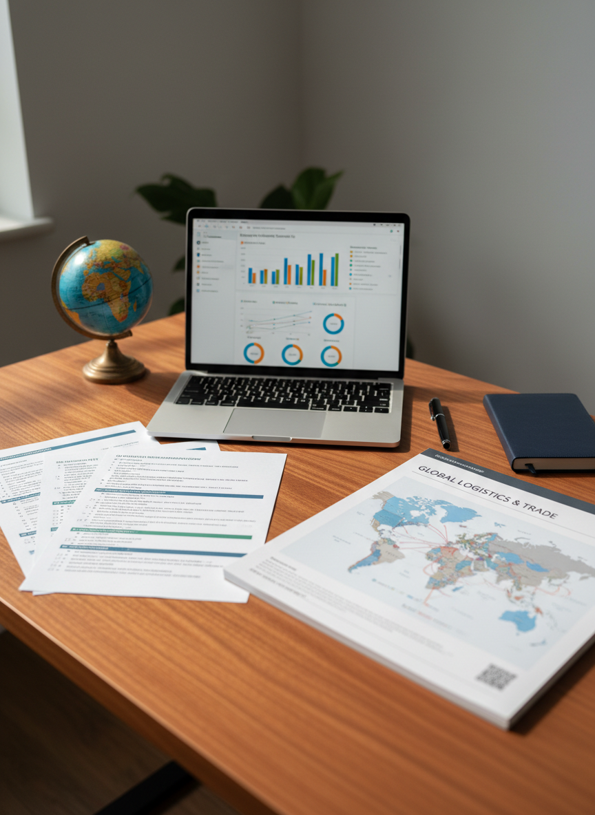 A sleek wooden desk covered with neatly arranged logistics training materials: a silver laptop displaying a dashboard of supply chain KPIs, an open spiral-bound course manual with color-coded diagrams of global trade flows, and printed PDF checklists with precise bullet points. A small globe with detailed country borders sits beside a dark blue notebook and fine-tip black pen. Soft natural light from an unseen window to the left bathes the scene, creating gentle highlights on the laptop keyboard and subtle shadows along the paper edges. Captured from a slightly elevated angle with shallow depth of field, the background fades into a neutral blur. The mood is focused and studious, in clean photographic realism, perfectly suited to professional online learning in logistics and international trade.