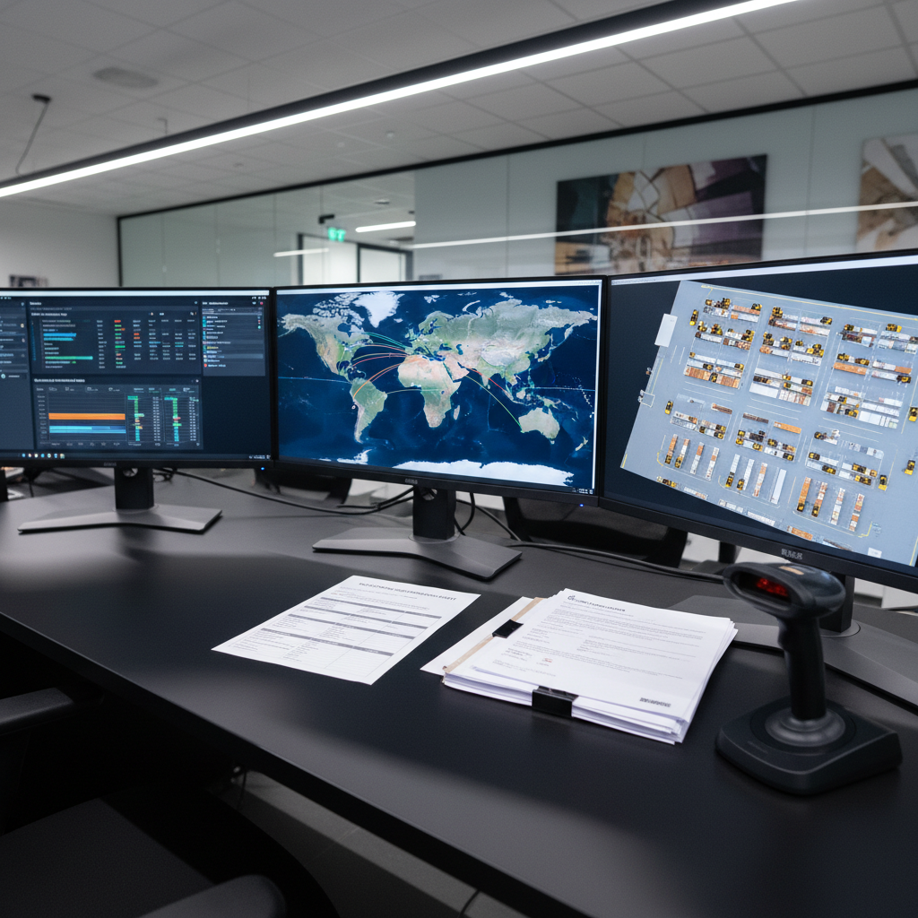 A modern distribution center control room desk featuring three ultra-wide monitors displaying colorful maps of international shipping routes, live inventory levels, and a detailed warehouse layout with moving forklift icons. On the matte black desk surface lie a printed INCOTERMS reference sheet, a tidy stack of export documents, and a barcode scanner resting on its cradle. Cool, evenly diffused LED lighting from above eliminates harsh shadows, giving everything a crisp clarity. Shot from a three-quarter angle at desk height, the composition focuses sharply on the central monitor while the surrounding elements provide context in moderate depth of field. The atmosphere is analytical and high-tech yet organized, rendered in realistic photographic style to illustrate the digital side of modern supply chain management training.